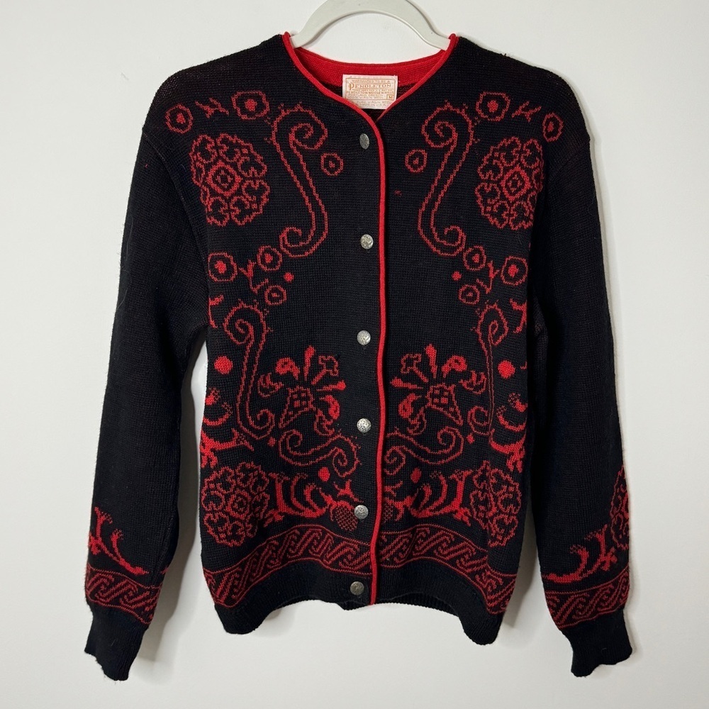 Pendleton Vintage Wool Cardigan Size Medium Black Red Christmas Made in USA